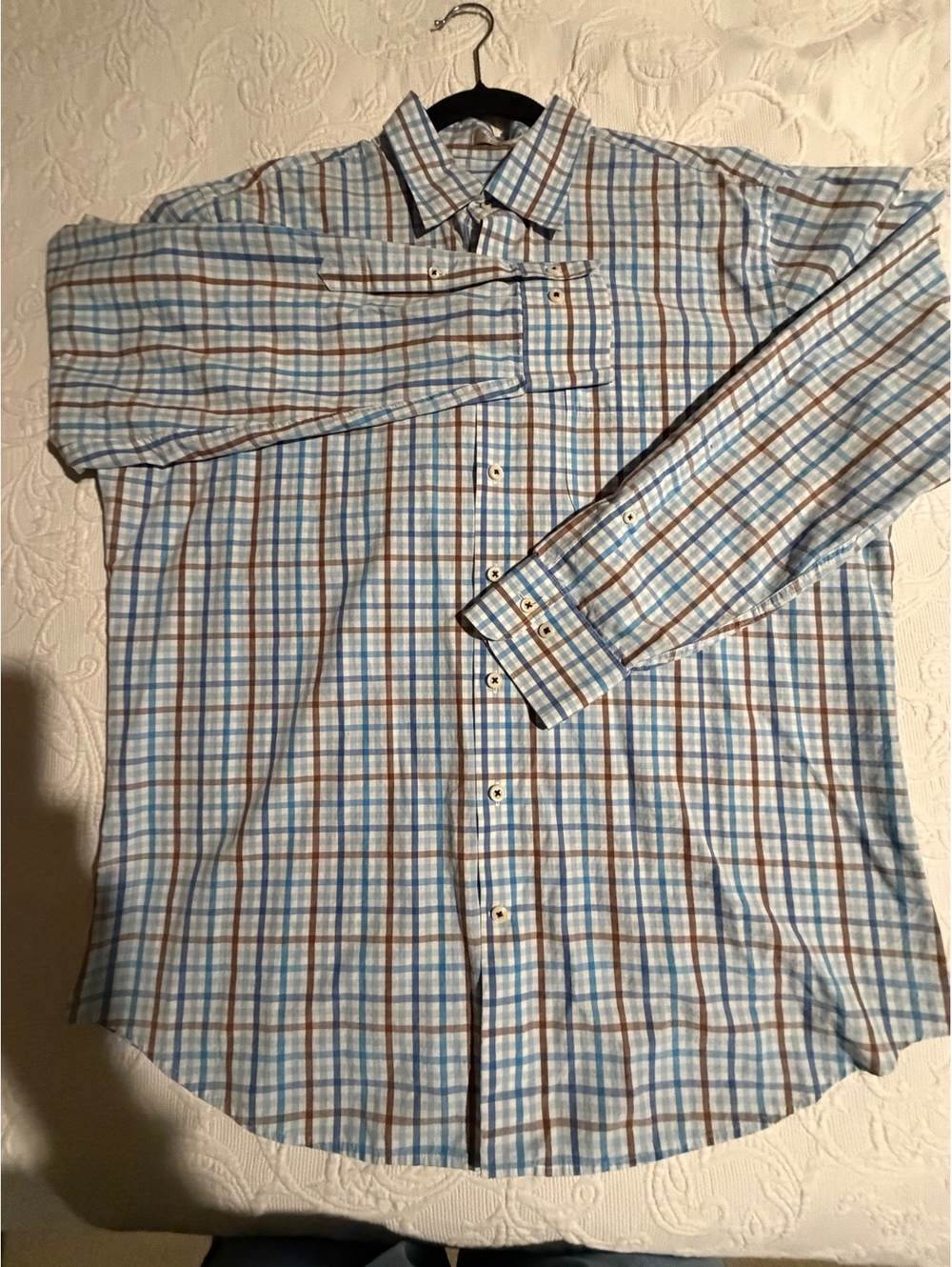 Peter Millar Large Blue and Brown Plaid Cotton Button-Up